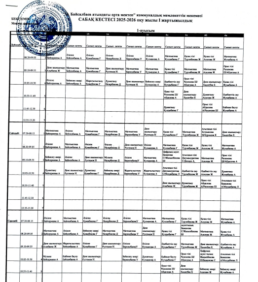 schedule of lessons1 ауысым